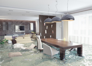 A house flooded with dining chairs and sofas destroyed