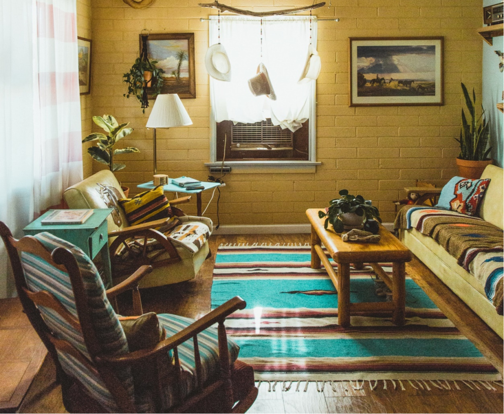 Matching carpet and furniture in a colorful living room